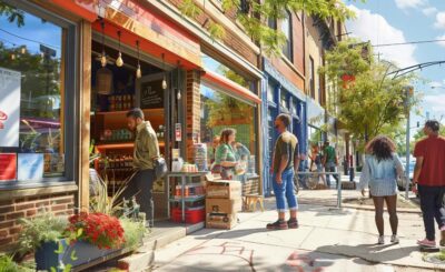 Milwaukee small business storefront with local customers engaging