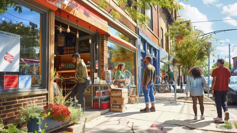 Milwaukee small business storefront with local customers engaging