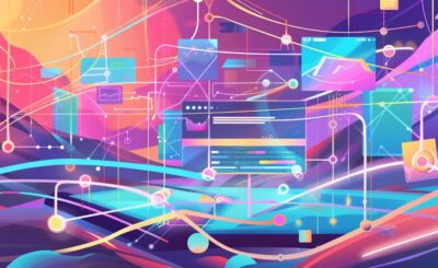 Digital landscape illustrating link building and SEO strategies with interconnected links and a computer screen