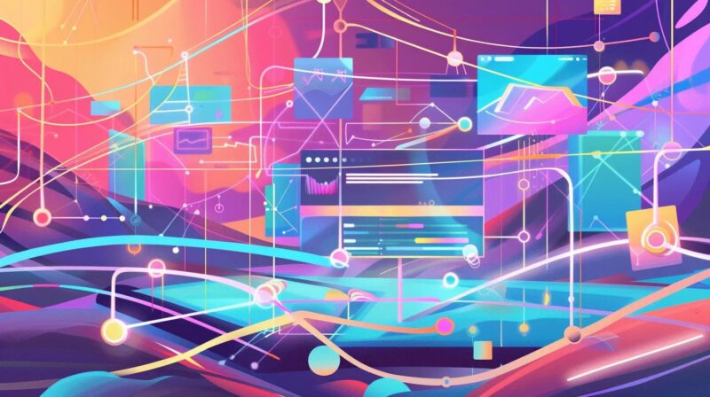Digital landscape illustrating link building and SEO strategies with interconnected links and a computer screen