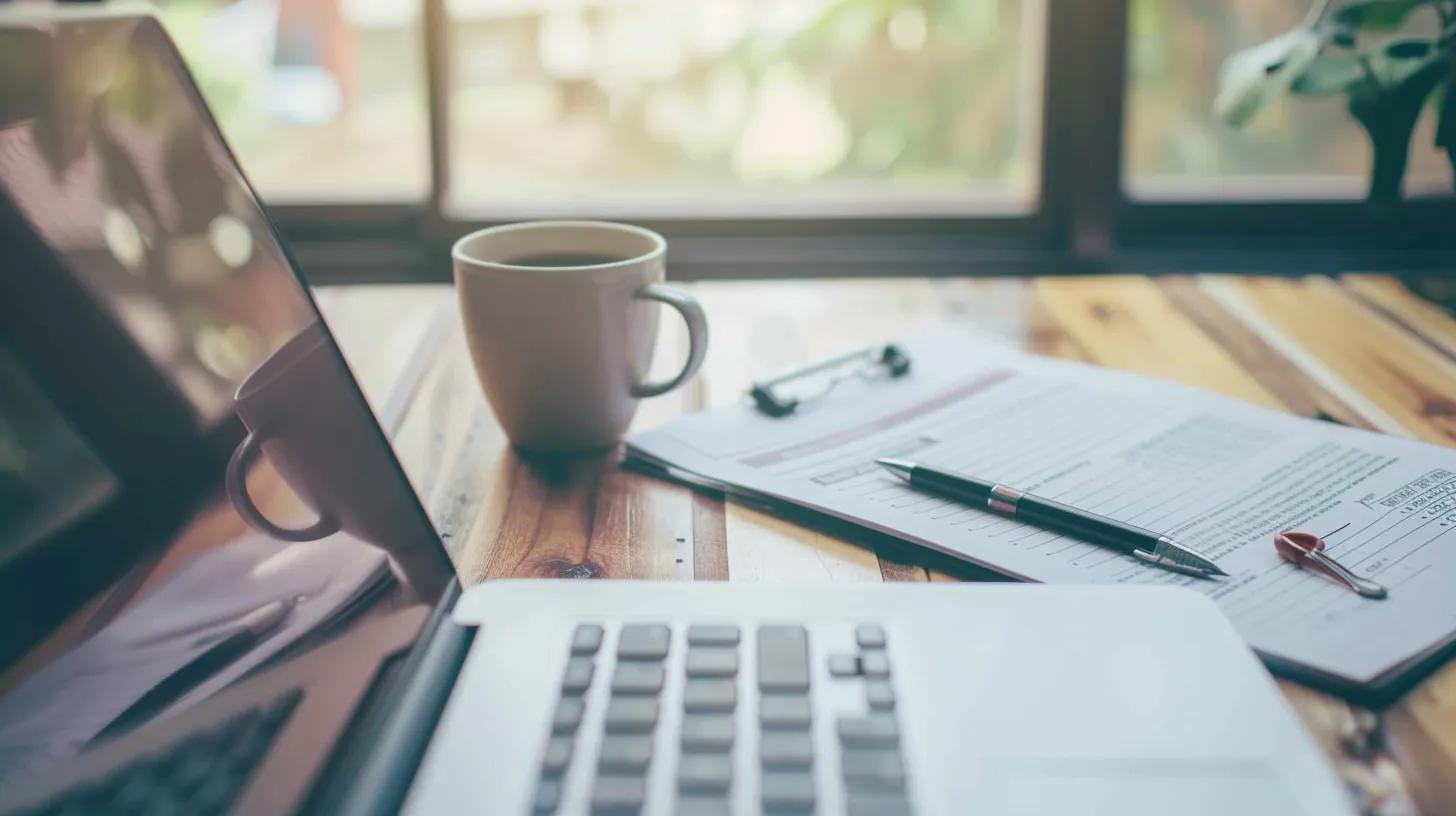 Close-up of a technical SEO checklist on a desk with a laptop and coffee