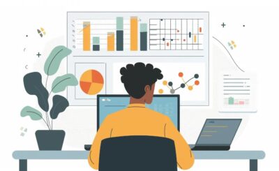 Person analyzing website SEO performance on a laptop with charts in the background