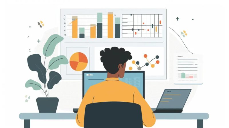 Person analyzing website SEO performance on a laptop with charts in the background
