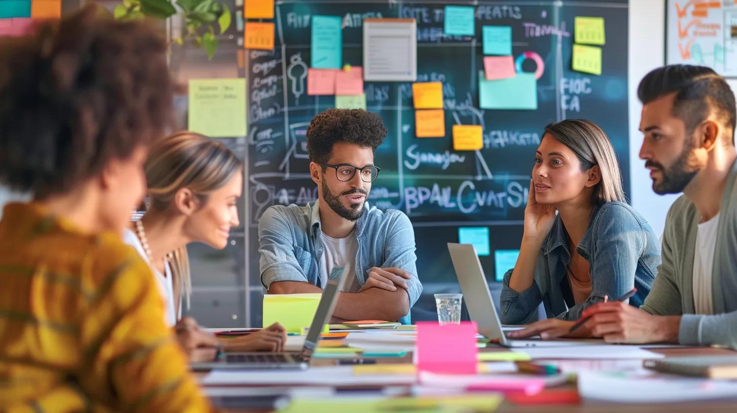 Team discussing content strategies with sticky notes and a whiteboard in the background