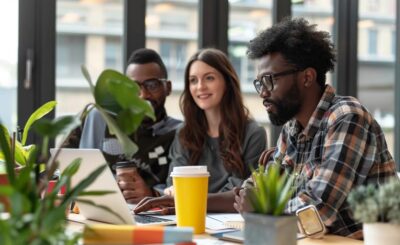 Milwaukee business owners collaborating on SEO strategies in a modern office