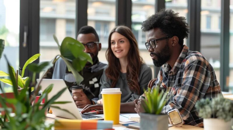 Milwaukee business owners collaborating on SEO strategies in a modern office