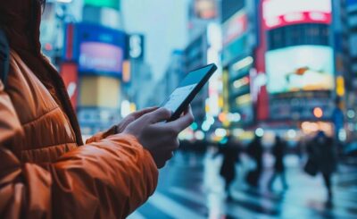 Person using a smartphone to browse a mobile-optimized website in an urban setting