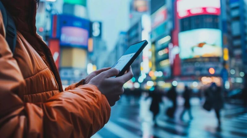 Person using a smartphone to browse a mobile-optimized website in an urban setting