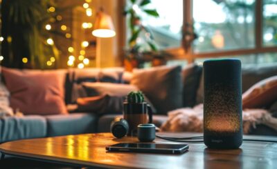 Person using voice search technology at home with a smartphone and smart speaker