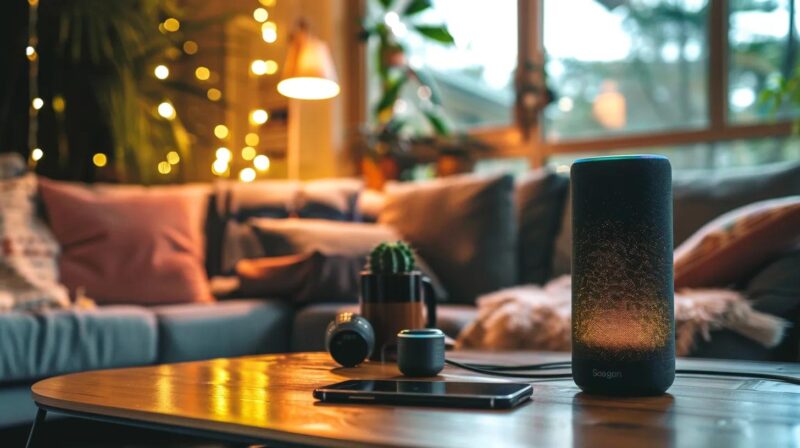Person using voice search technology at home with a smartphone and smart speaker