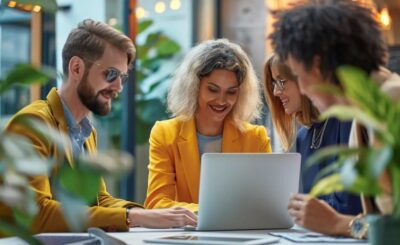 Business professionals collaborating on SEO strategies in a modern office