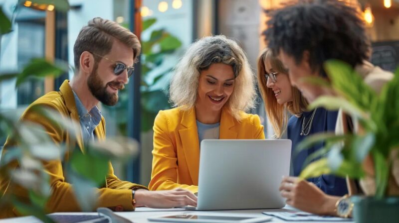 Business professionals collaborating on SEO strategies in a modern office