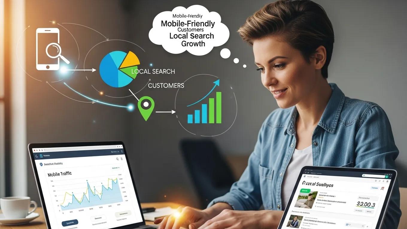 Business owner analyzing website analytics, illustrating the impact of mobile usability on local SEO performance