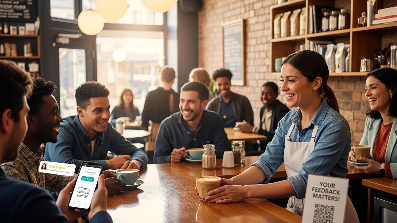 Business owner engaging with customers, emphasizing the importance of customer reviews for local SEO