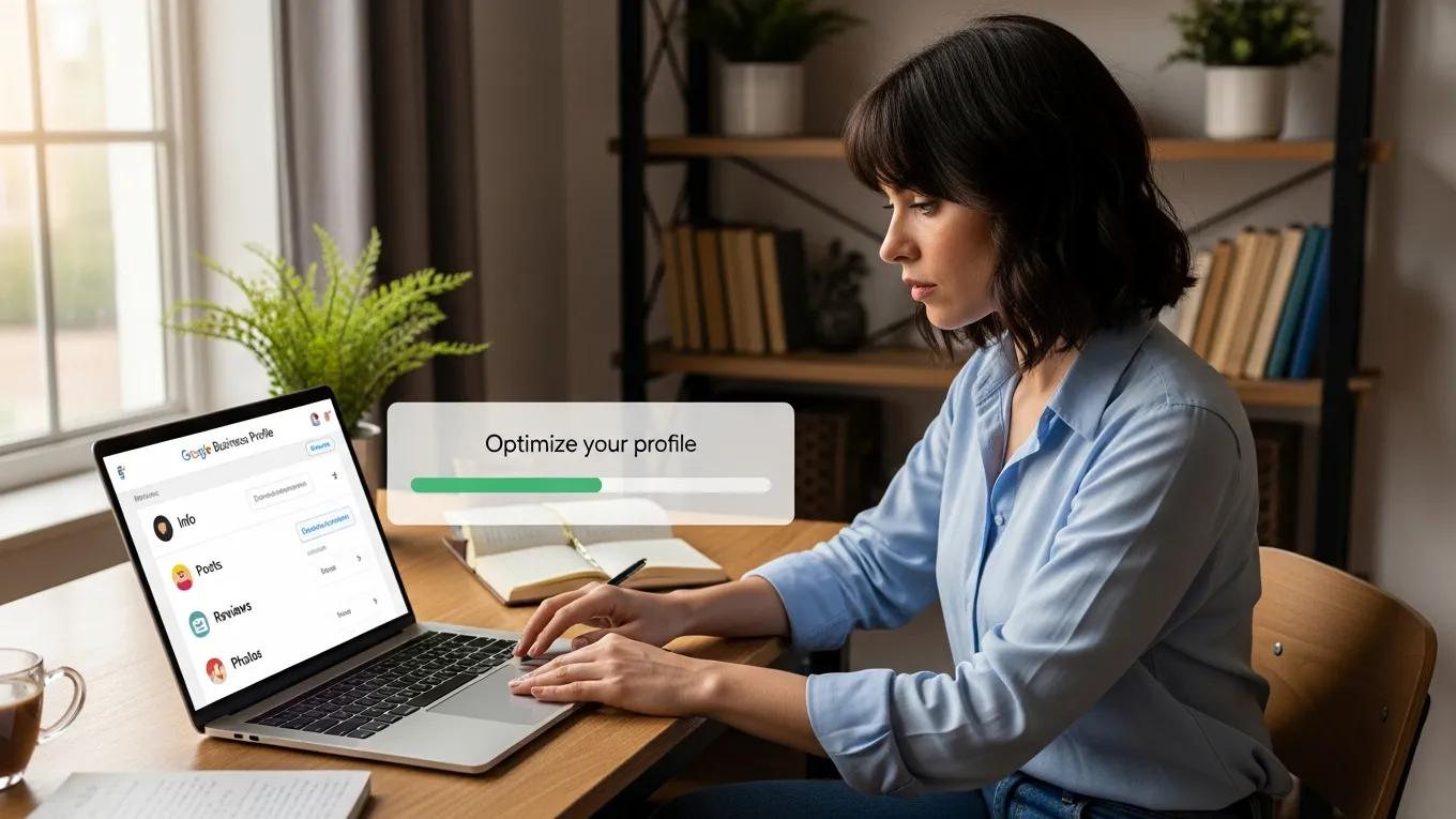 Business owner optimizing Google Business Profile on laptop