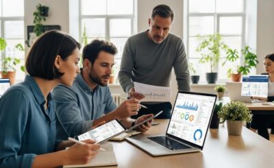 Business professionals collaborating on a professional SEO audit in a modern office