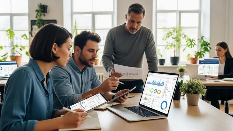 Business professionals collaborating on a professional SEO audit in a modern office