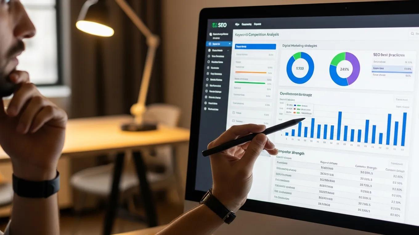 Close-up of a computer screen showing SEO tools and analytics, focusing on keyword competition analysis