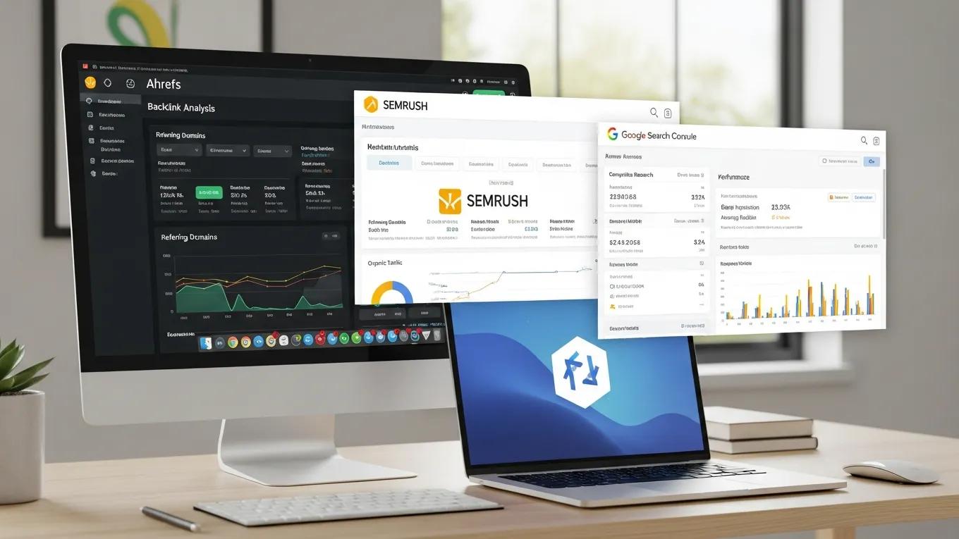 Computer screen displaying various SEO tools for backlink analysis