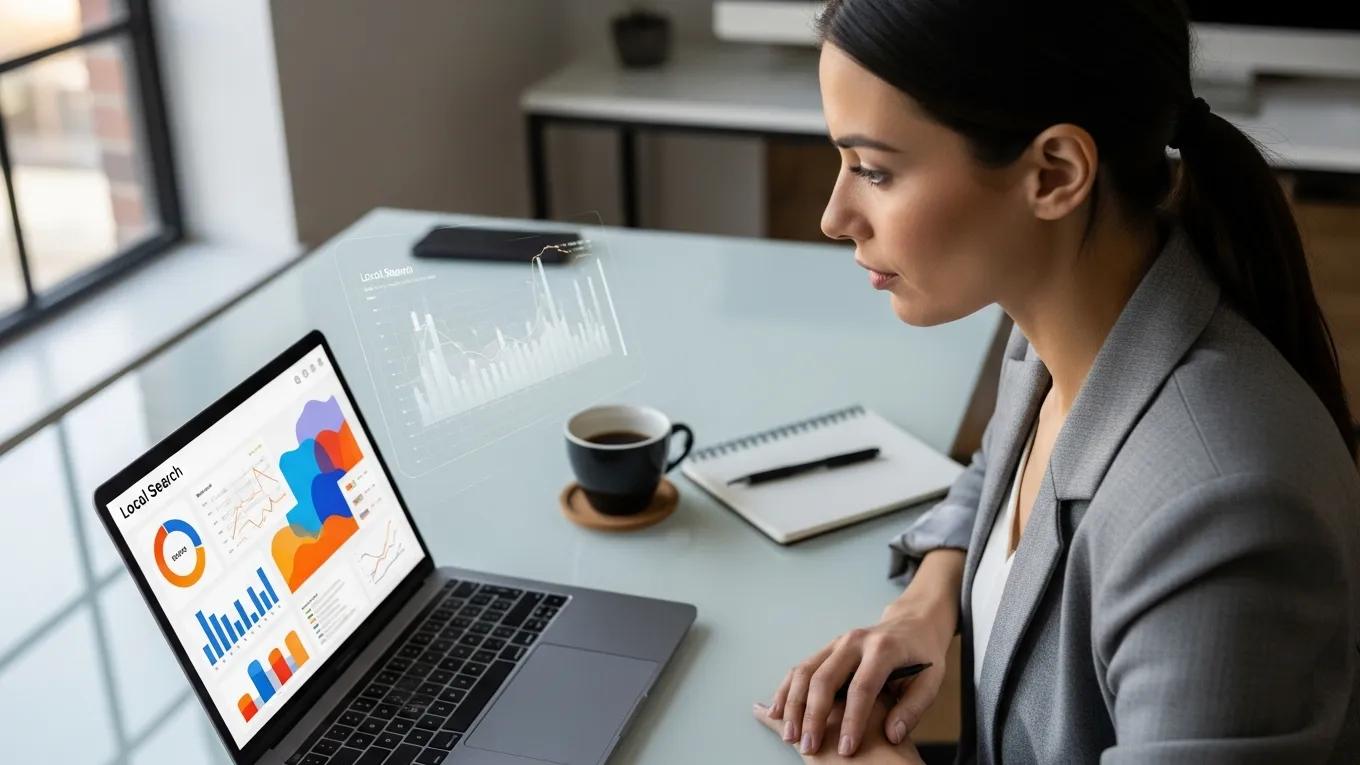 Digital marketing professional analyzing local search data, emphasizing the impact of mobile SEO on rankings