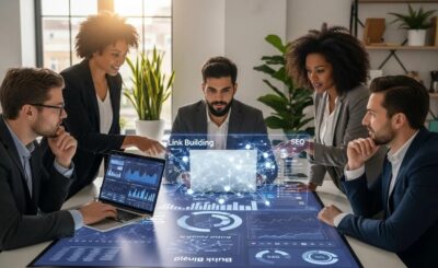 Diverse professionals collaborating on digital marketing strategies for link building