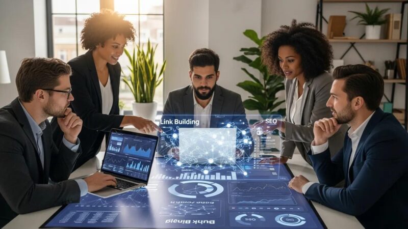 Diverse professionals collaborating on digital marketing strategies for link building