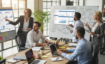 Group of professionals collaborating on SEO strategies in a modern office