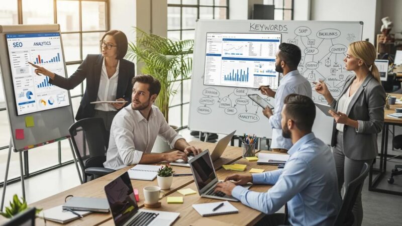 Group of professionals collaborating on SEO strategies in a modern office