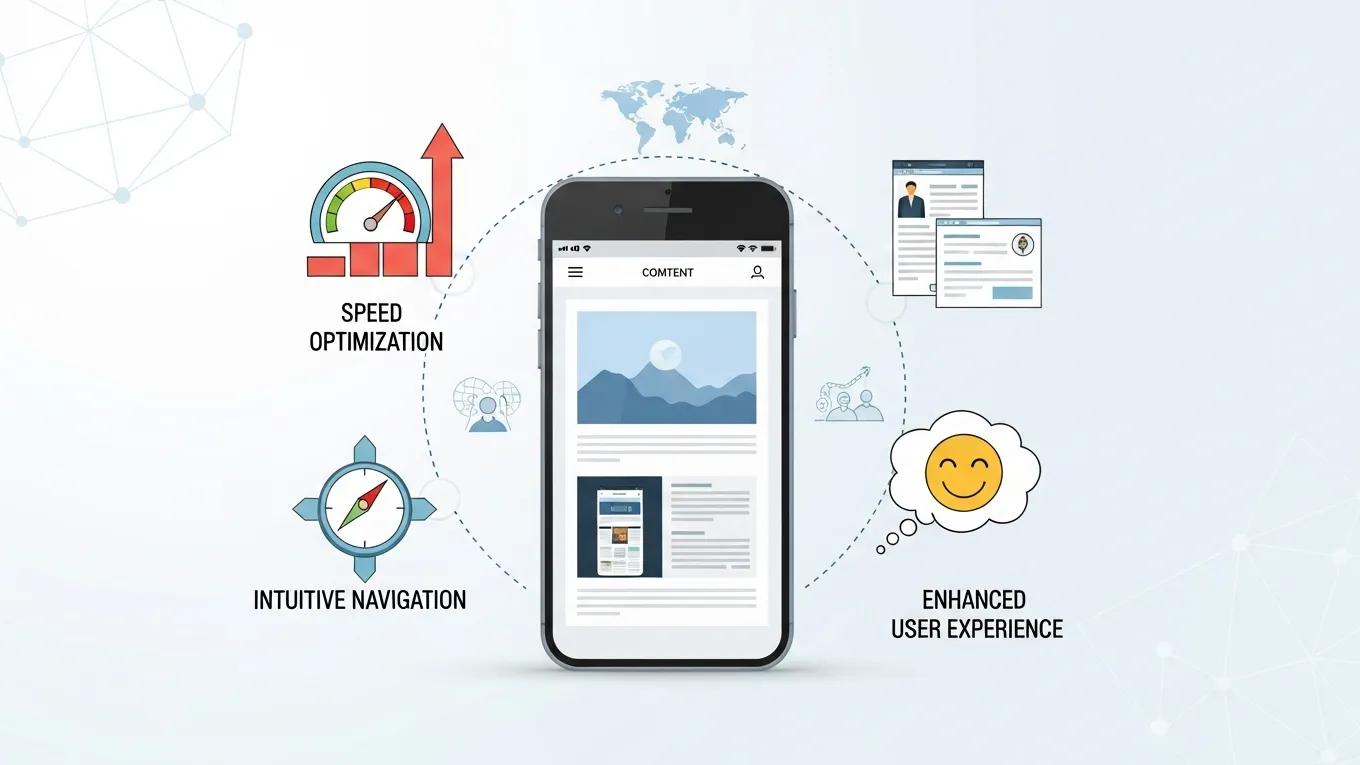 Illustration of mobile optimization techniques with a smartphone displaying a responsive website layout