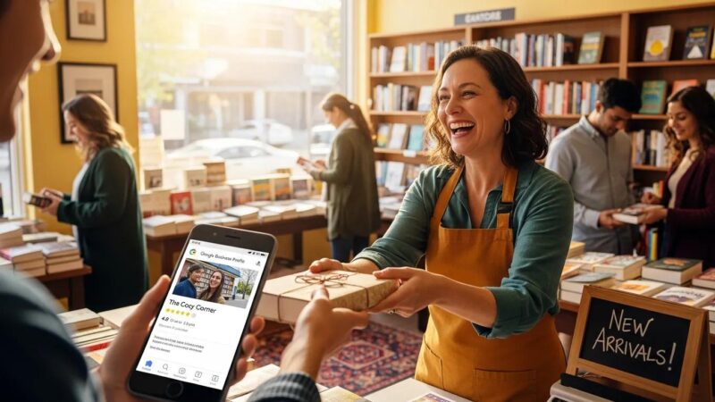 Local business owner engaging with customers, highlighting the importance of Google Business Profile optimization