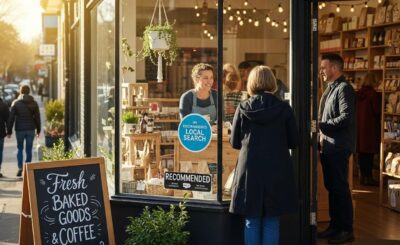 Local business owner engaging with customers in a storefront, emphasizing the importance of business citations for local SEO