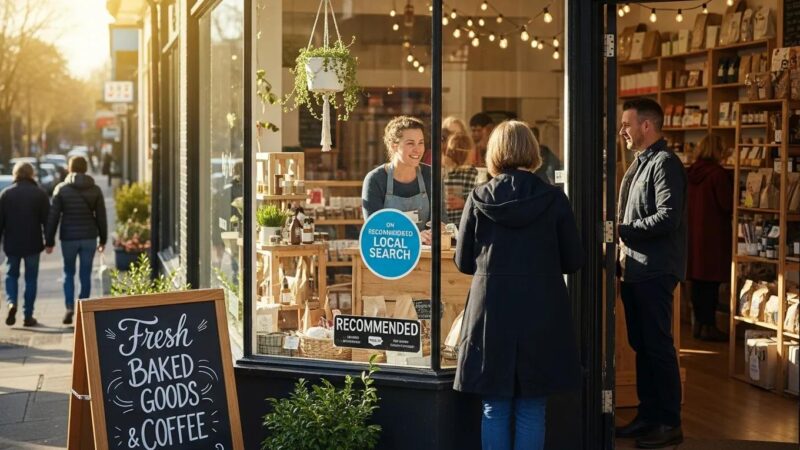 Local business owner engaging with customers in a storefront, emphasizing the importance of business citations for local SEO