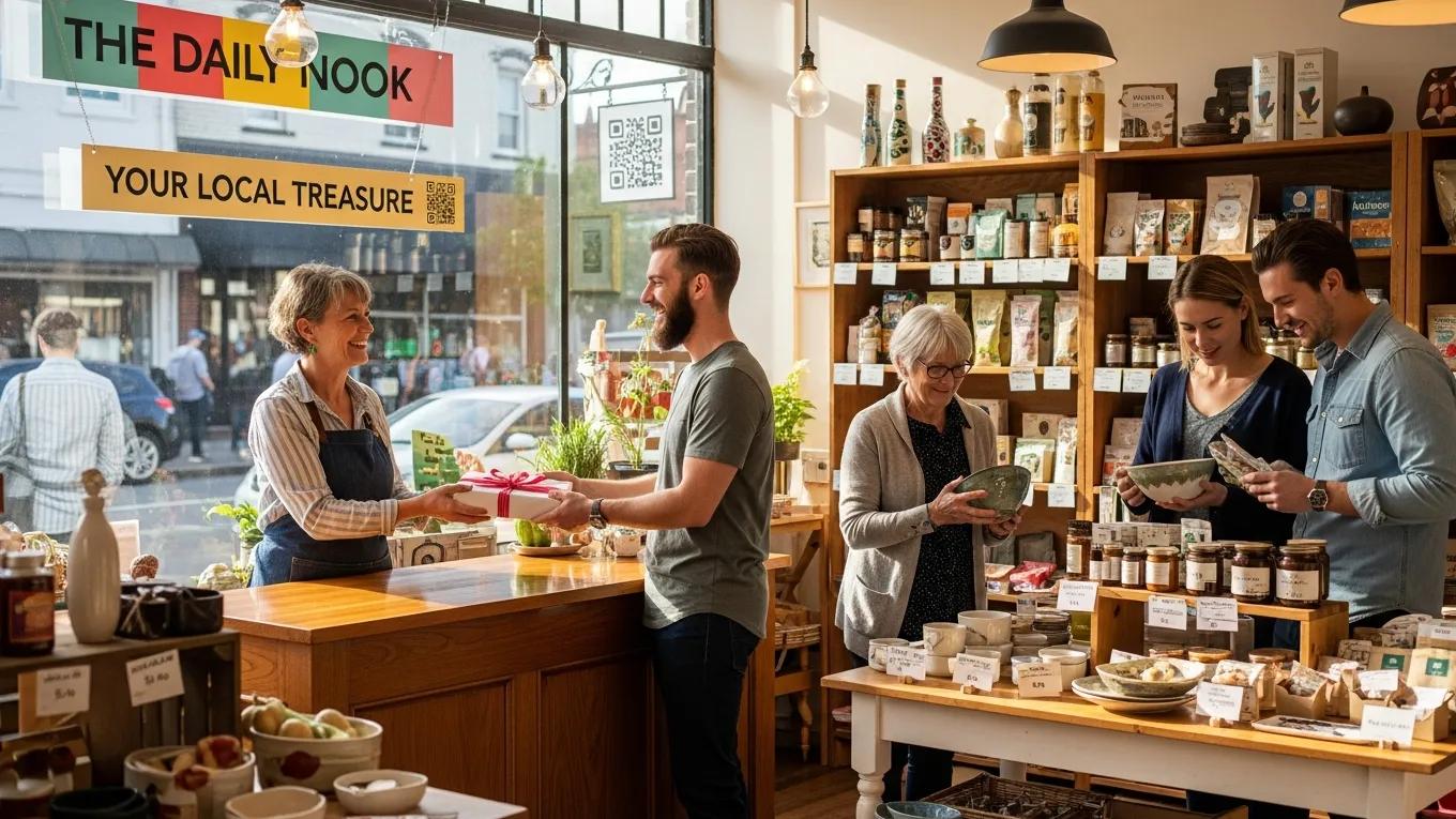 Local business owner engaging with customers in a vibrant storefront, illustrating local search visibility strategies