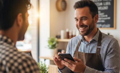 Local business owner engaging with customers on a mobile device, emphasizing mobile SEO importance