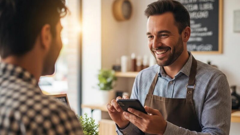 Local business owner engaging with customers on a mobile device, emphasizing mobile SEO importance