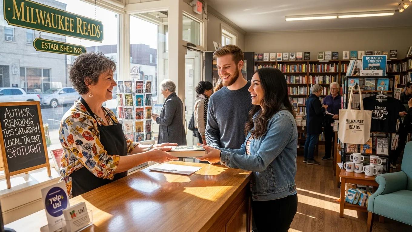 Local business owner interacting with customers in a Milwaukee storefront