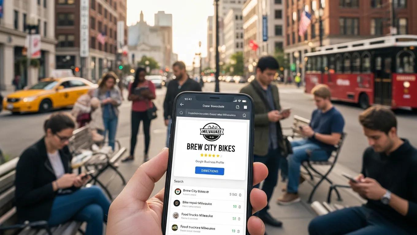 Local business website displayed on a smartphone in a busy Milwaukee street scene