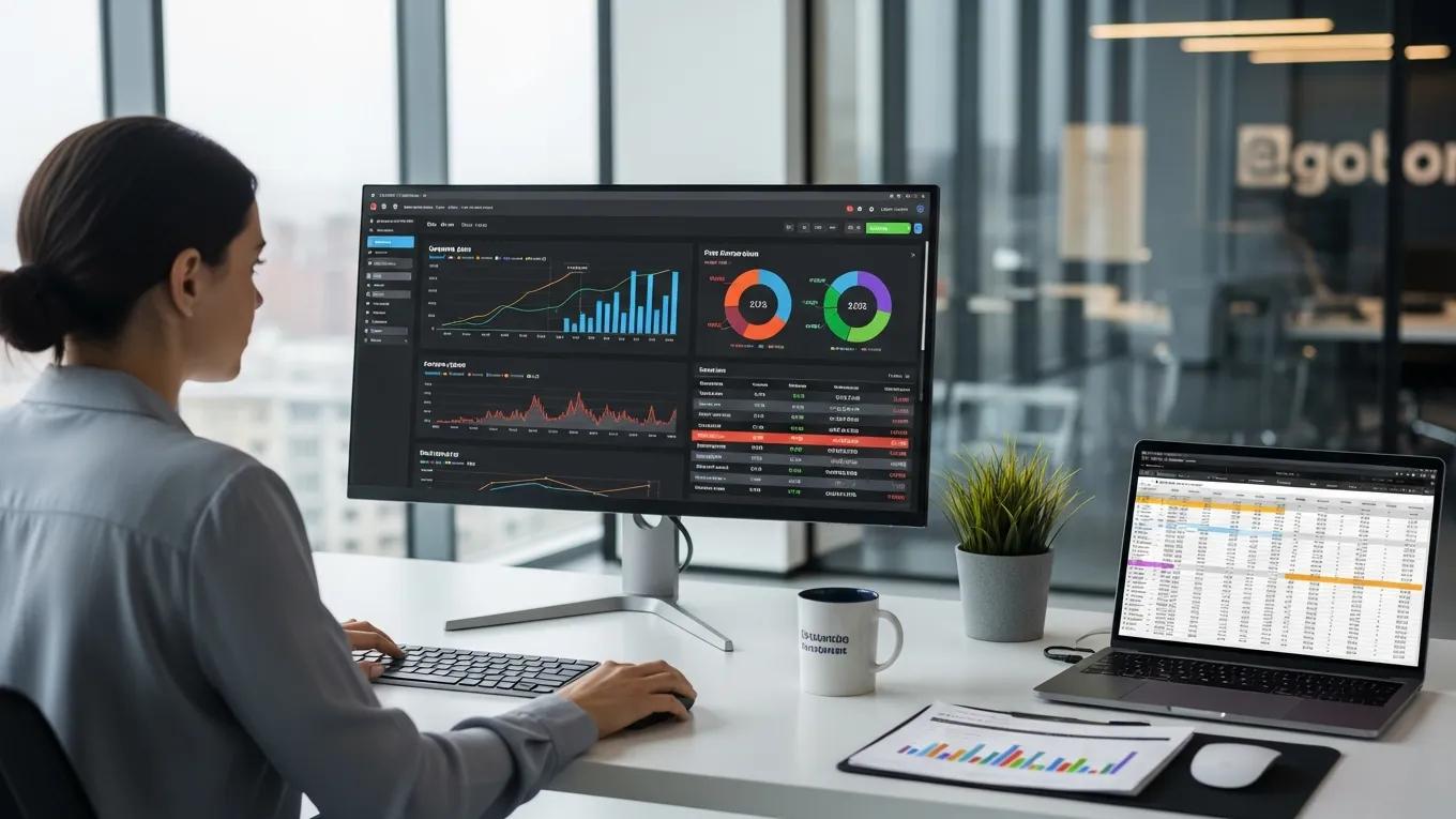 Marketing professional analyzing data to improve PPC campaign performance in a modern workspace