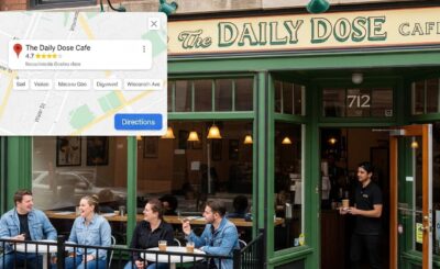 Milwaukee coffee shop with Google Maps interface overlay highlighting local business visibility
