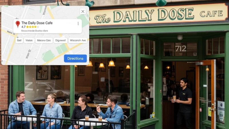 Milwaukee coffee shop with Google Maps interface overlay highlighting local business visibility
