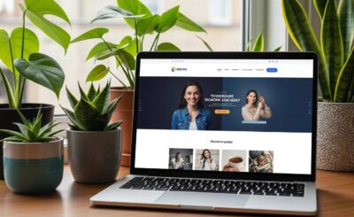 Modern laptop displaying an SEO-friendly website design in a cozy workspace