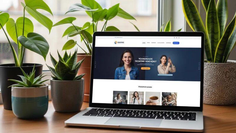 Modern laptop displaying an SEO-friendly website design in a cozy workspace
