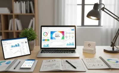 Modern workspace with a laptop showing website audit tools and SEO elements