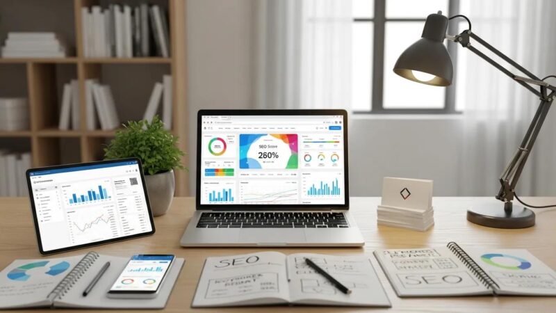 Modern workspace with a laptop showing website audit tools and SEO elements