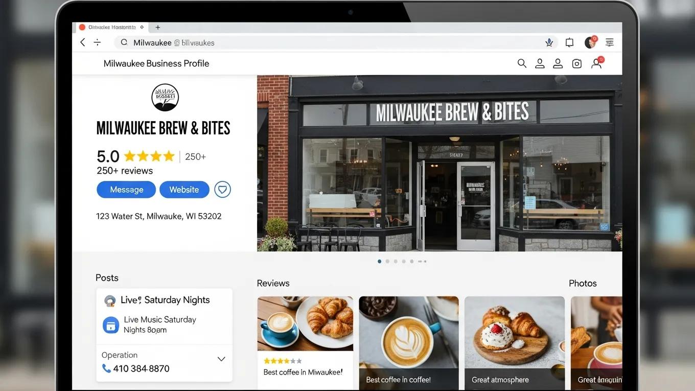 Optimized Google Business Profile displayed on a laptop with a local business backdrop