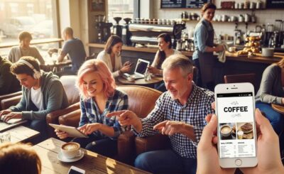 People using mobile devices in a coffee shop, highlighting the importance of mobile-friendly websites for local businesses