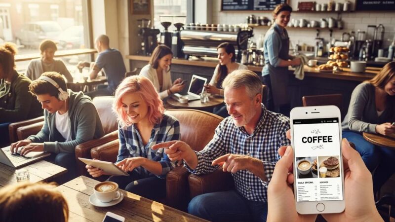 People using mobile devices in a coffee shop, highlighting the importance of mobile-friendly websites for local businesses
