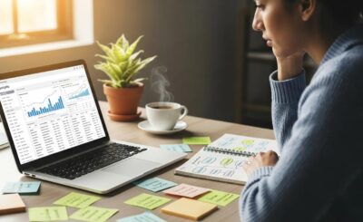 Person analyzing keyword data on a laptop with notes and coffee, emphasizing the importance of keyword research in SEO