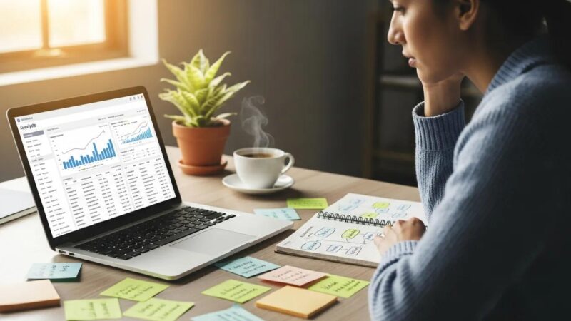 Person analyzing keyword data on a laptop with notes and coffee, emphasizing the importance of keyword research in SEO