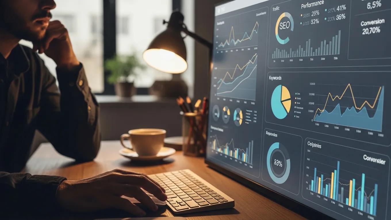 Person analyzing SEO performance metrics on a computer screen